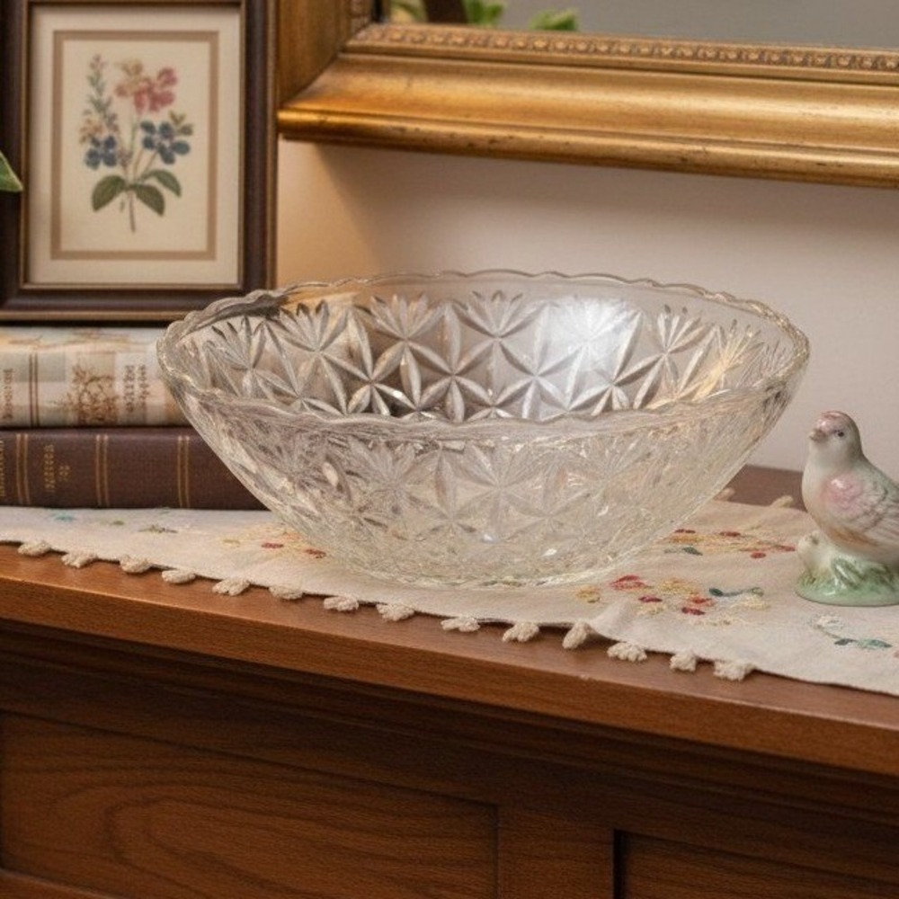 Pressed Glass Petal Design Clear Serving Bowl, Replacement Vintage Glassware